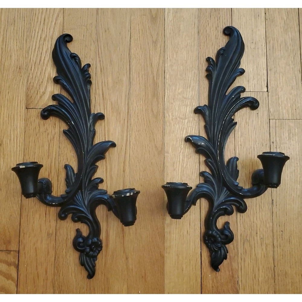 Gothic Victorian Wall Sconce Pair Taper Candle Holders Baroque Decor Distressed